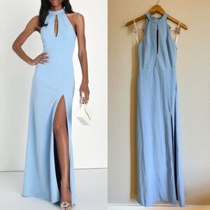 NWOT Striking Elegance Light Blue Bow Backless Halter Maxi Dress